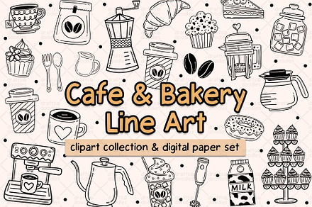 Cafe and Bakery Line Art Graphic Set, a Food Illustration by Drafts n Doodles