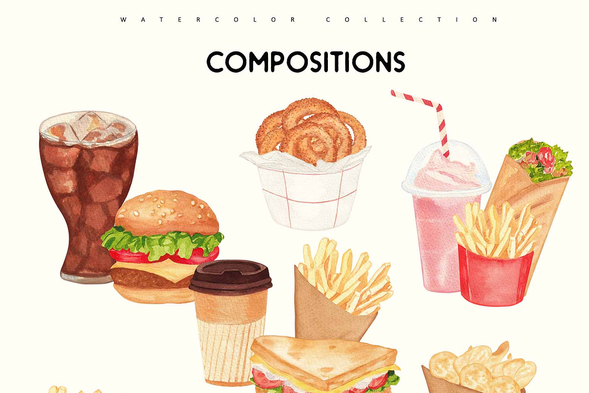Fast Food Watercolor Clipart Set, a Food Illustration by Sunshine Art (Photo 6 of 9)