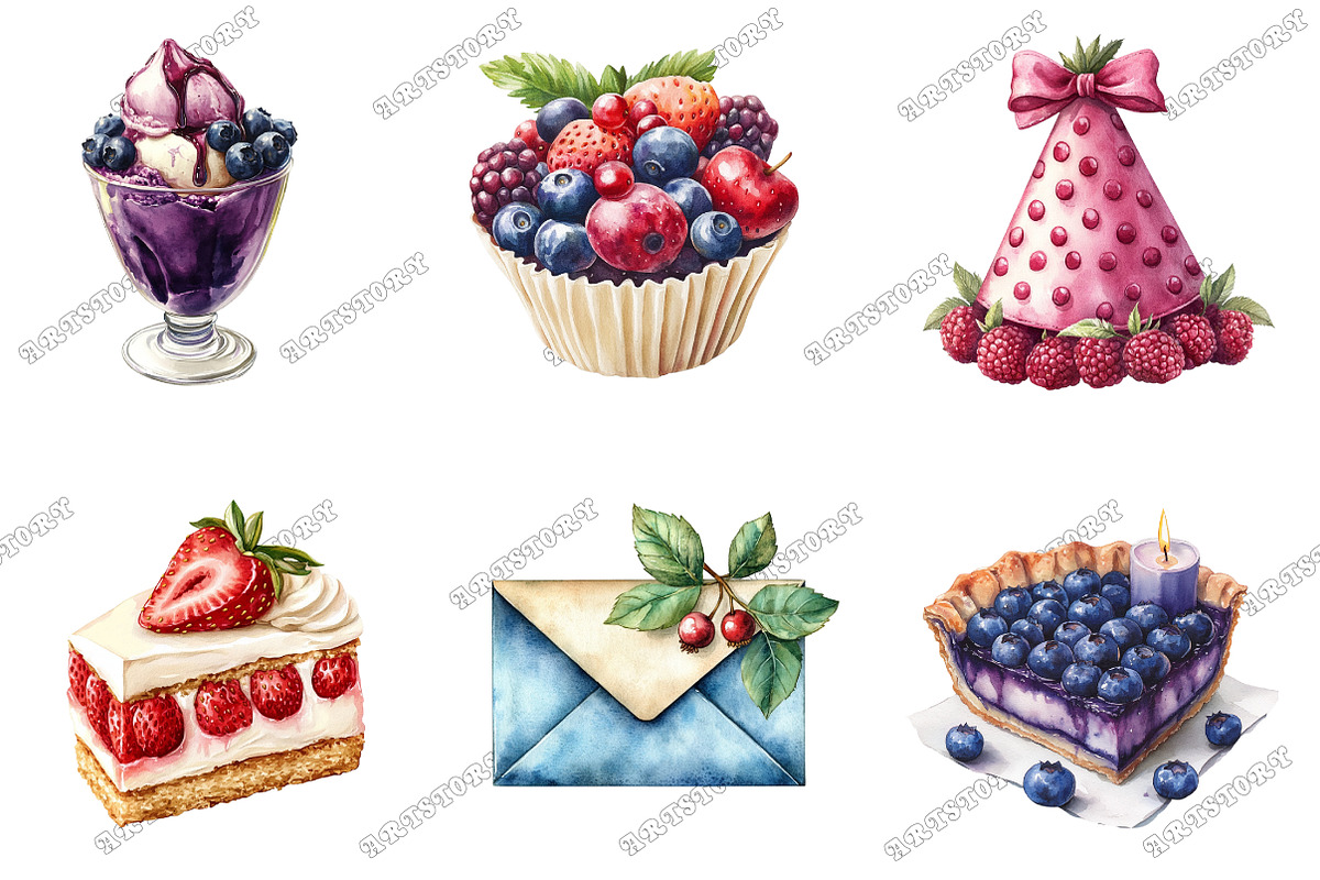 Berry Birthday Watercolor Clipart, an Illustration by designcity5 (Photo 3 of 5)