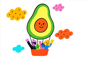 Surreal animated avocado with smilin, an Illustration by Dvoevnore photos