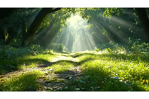 Sunlit forest path with lush green, a Beauty & Fashion Photo by Lermont51
