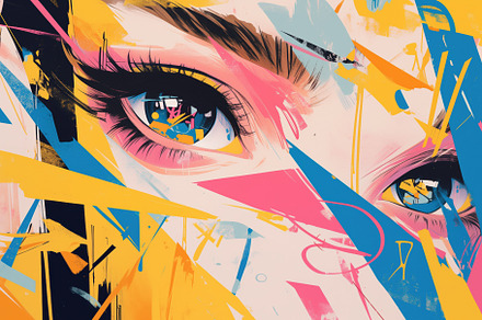 An abstract artwork featuring a close-up of a woman's eyes, surrounded by vibra, a Wallpaper Graphic by Textures & Backgrounds