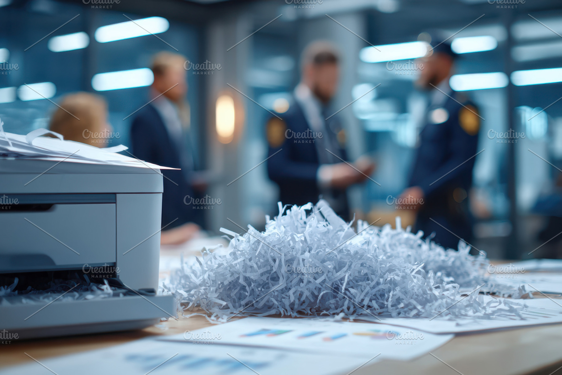 Shredded paper in an office with police discussion, a Business Photo by AlyaAnd