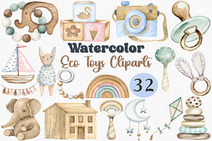 Watercolor Eco Toys Clipart Set