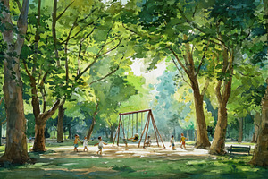 Children play in a park with swings, a Photo by Pavel_design