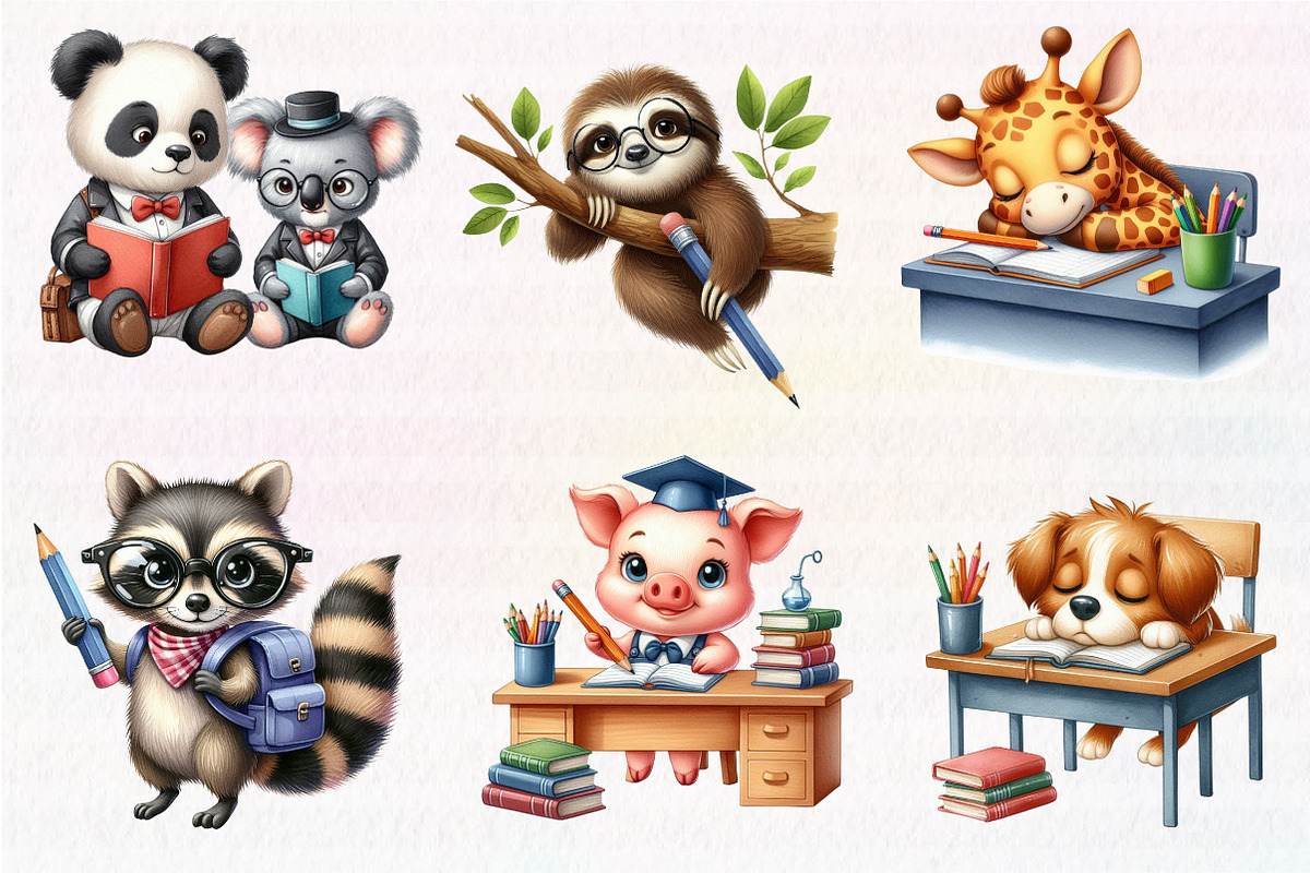Cute Funny School Animals clipart, an Illustration by CreationArt (Photo 2 of 7)