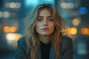 A young Caucasian woman with wavy blonde hair gazes thoughtfully at the camera,, a Person Photo by ImageMir