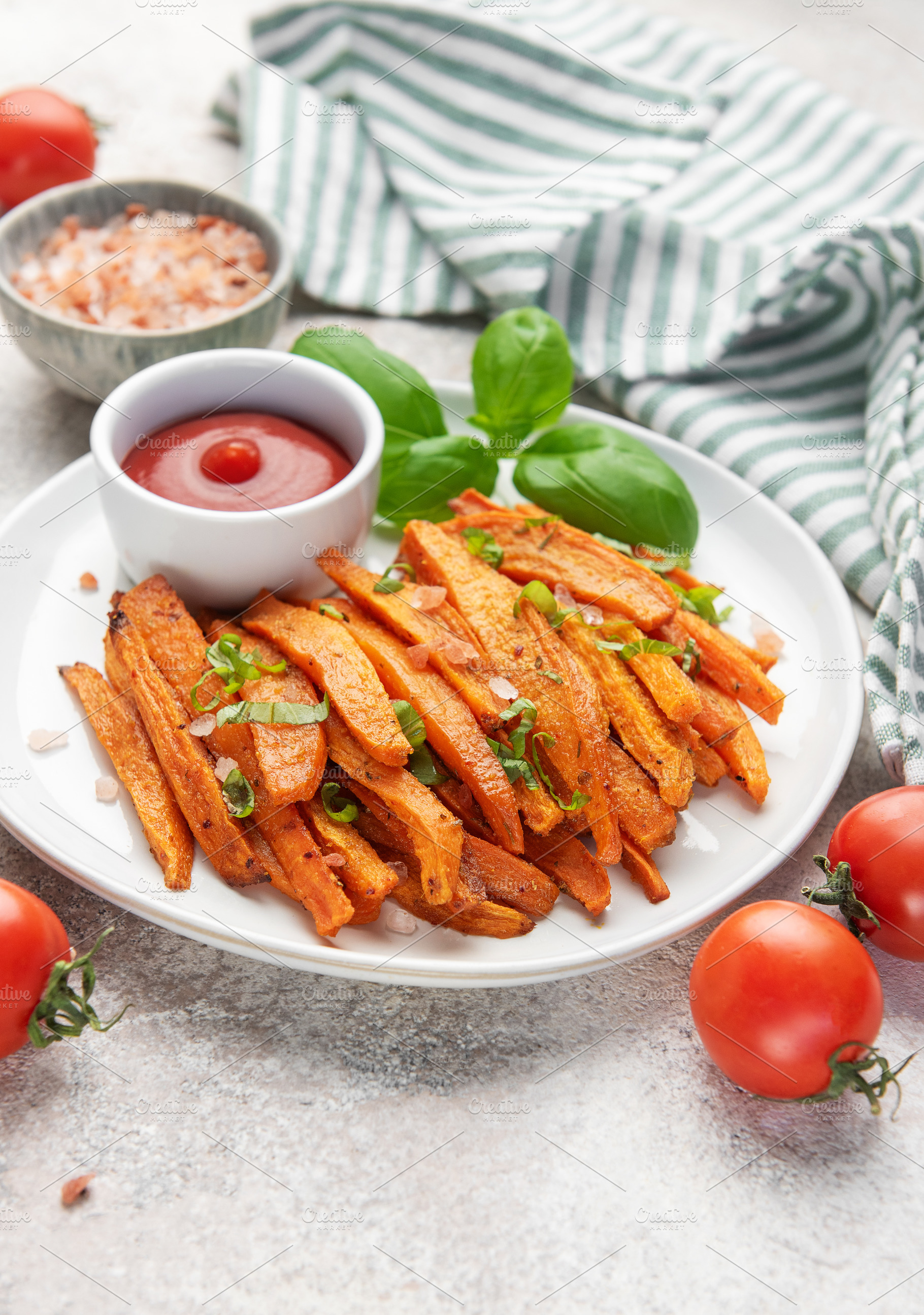 Sweet potato fries with ketchup dipping sauce for healthy snacki, a Food & Drink Photo by Olena Rudo