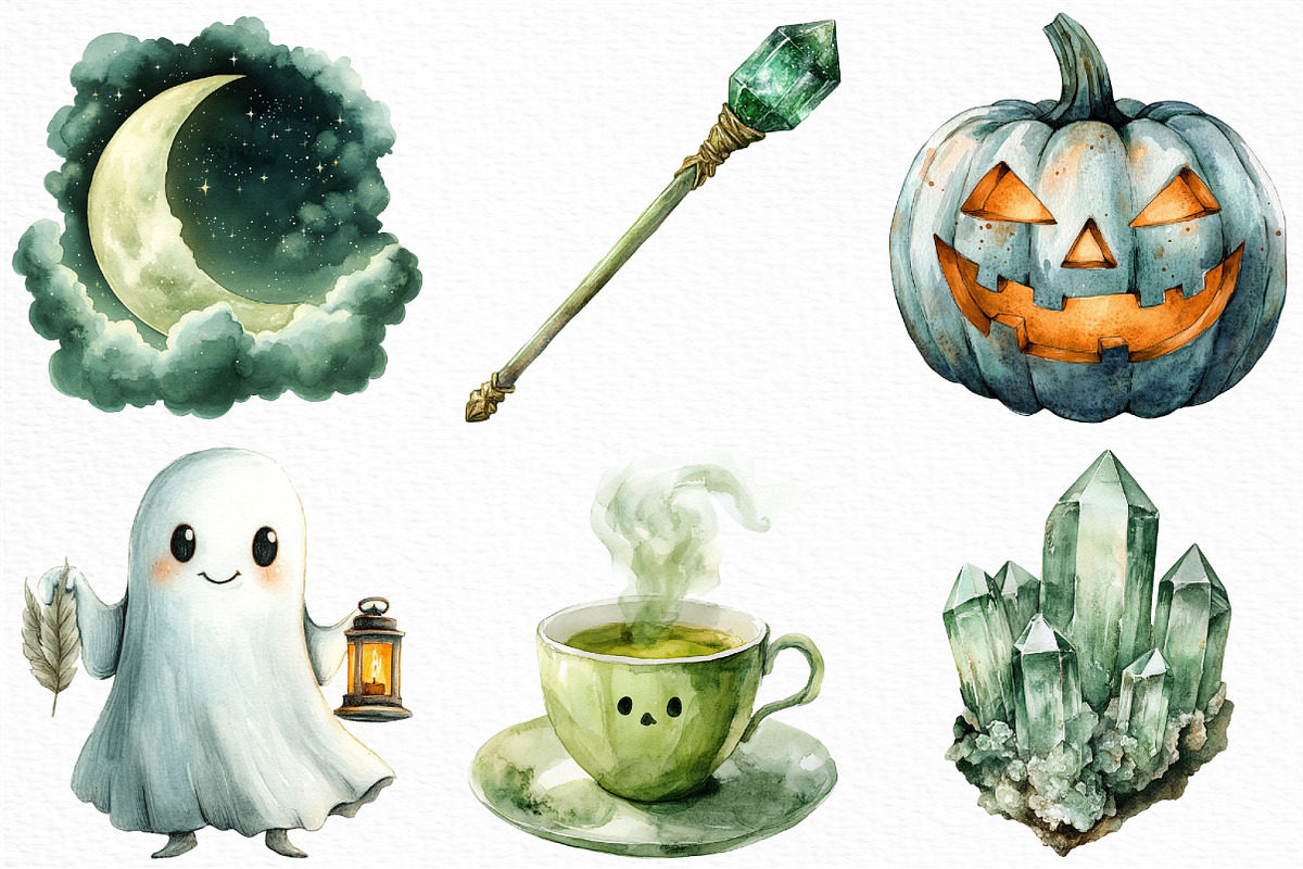 Watercolor Sage Green Halloween PNG, an Illustration by Craft Nest (Photo 3 of 6)