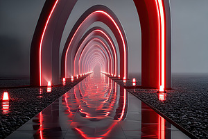 Illuminated tunnel with neon rays creating a captivating visual experience, a Photo by AlyaAnd