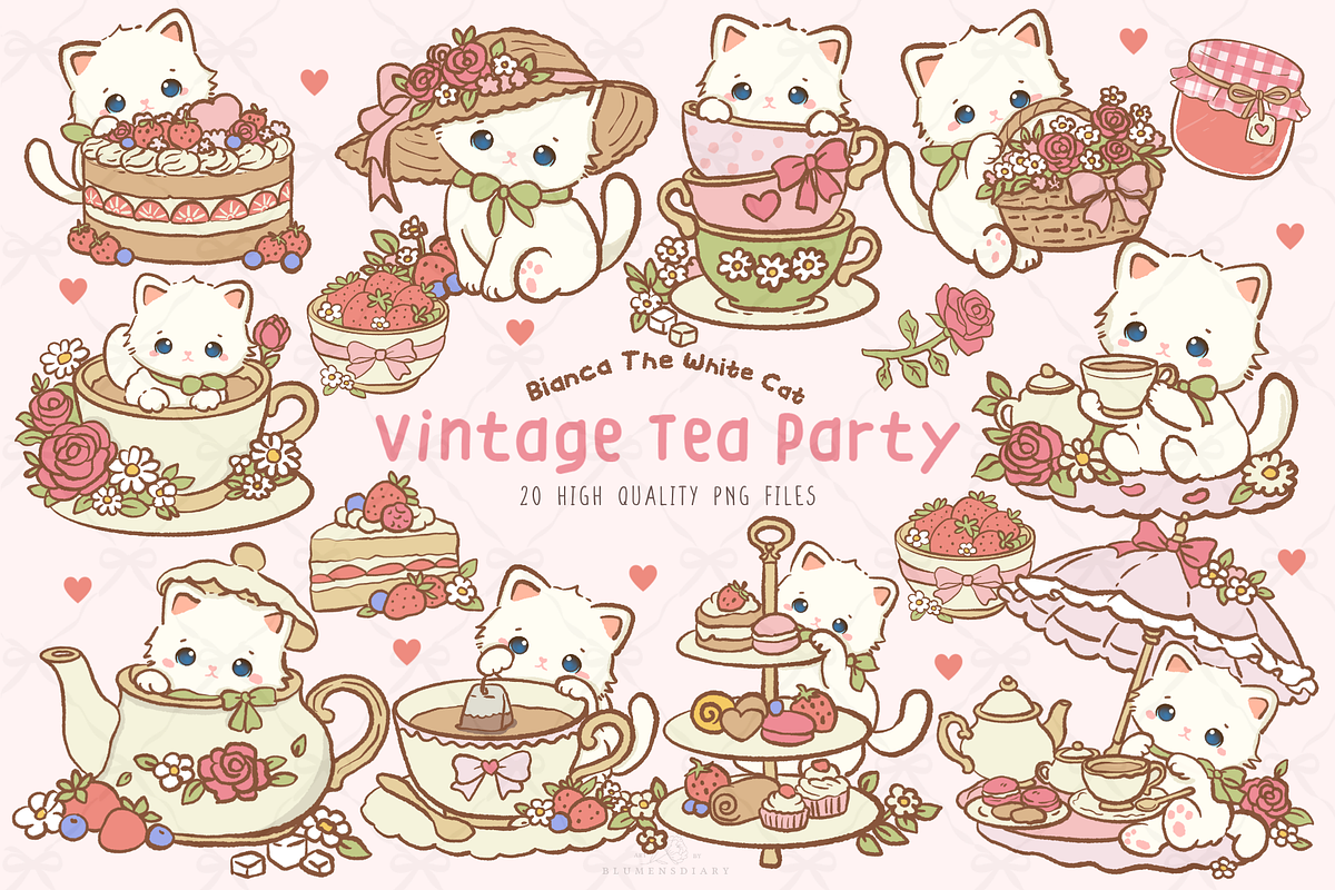 Kawaii Cat Vintage Tea Party Clipart, an Animal Illustration by Blumensdiary (Photo 1 of 6)