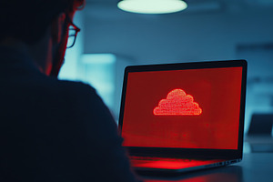 Programmer working on laptop after hack attack, cloud drive symbol, a Technology Photo by AlyaAnd