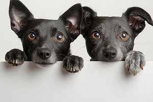 Two black dogs peeking over a white, an Animal Photo by Pixeness Studio