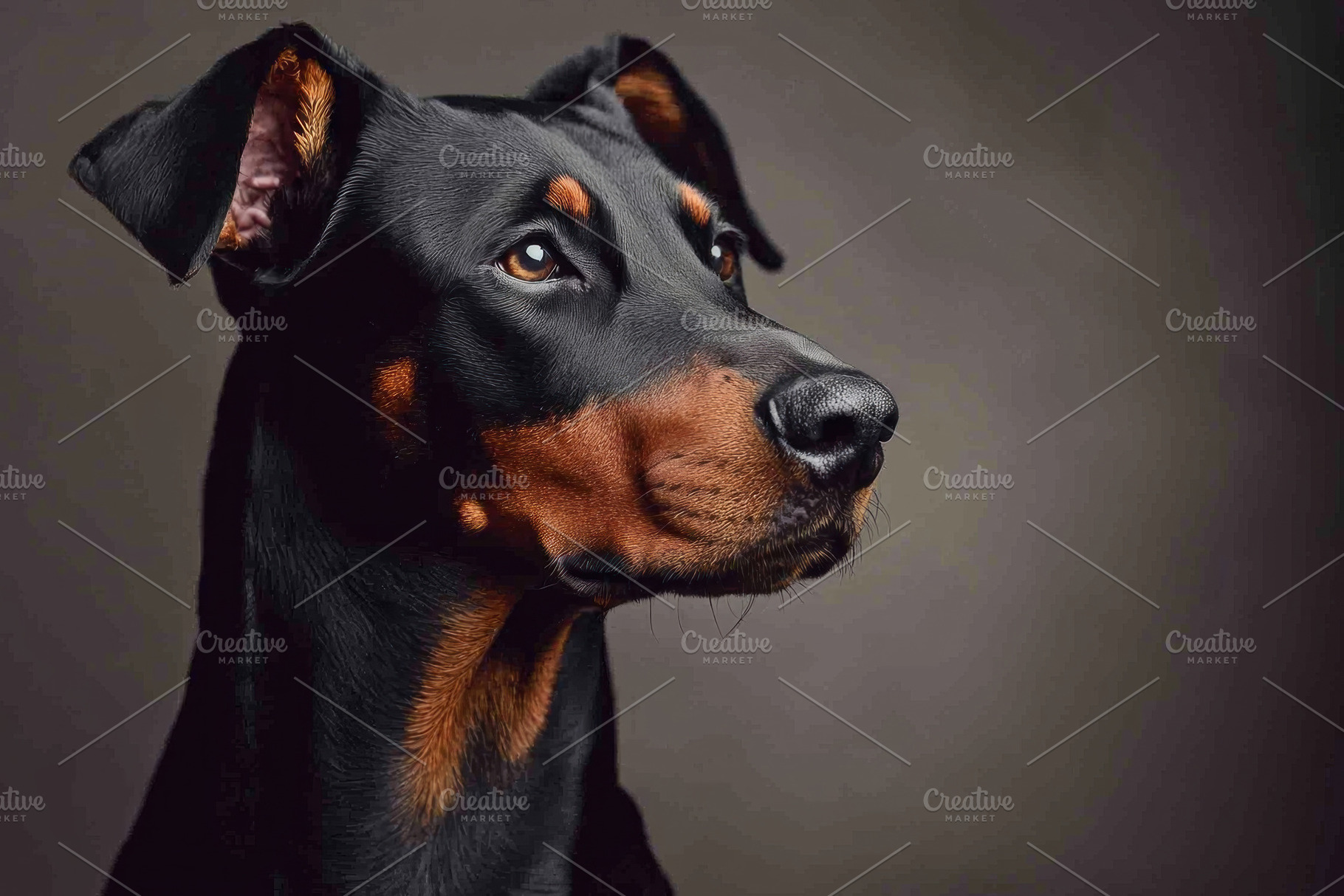 Close up profile of a black and tan Doberman Pinscher dog with n, an Animal Photo by José Manuel Gelpi