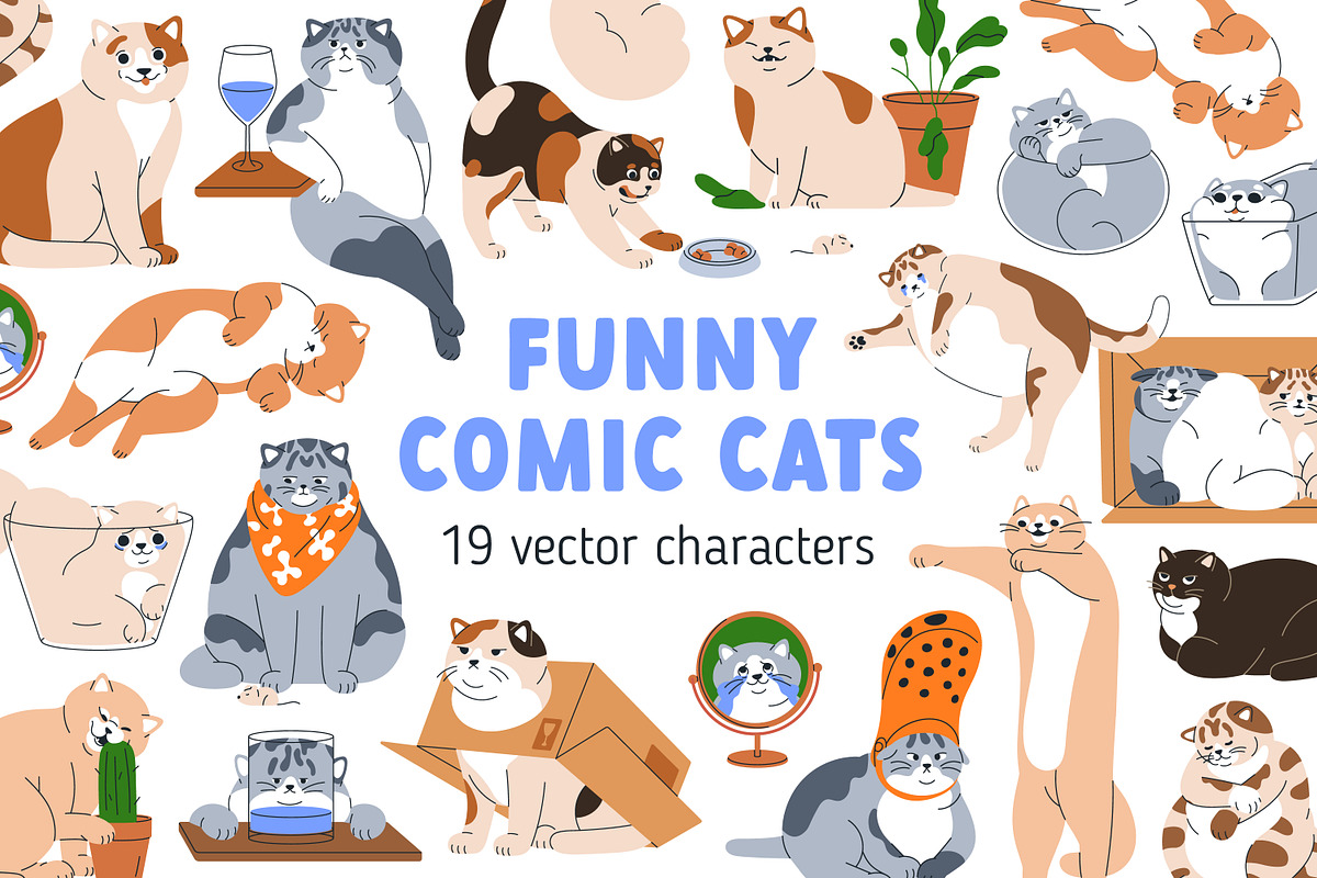 Cute, funny, comic cats. Cartoon set, an Animal Illustration by Good Studio (Photo 1 of 20)