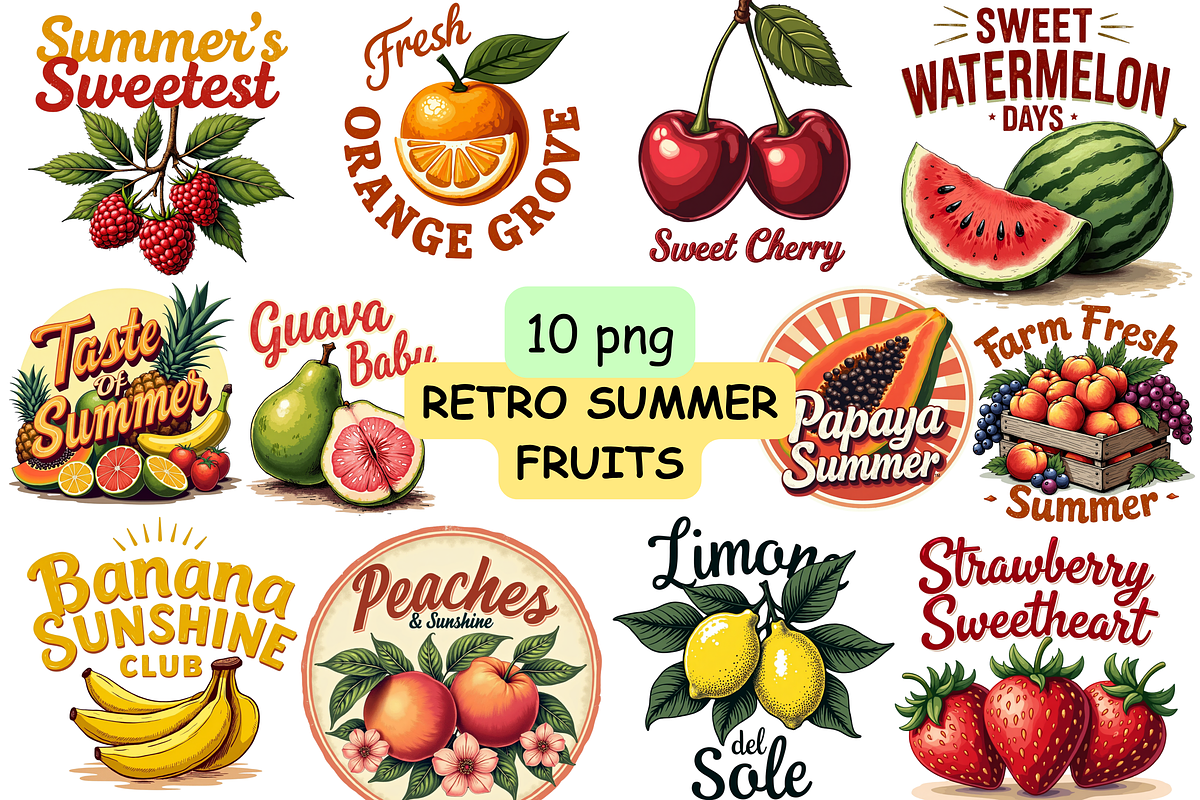 Retro Summer Fruits PNG Bundle, a Food Illustration by FloridPrintables (Photo 1 of 8)