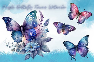 Purple Flowers Butterfly Watercolor