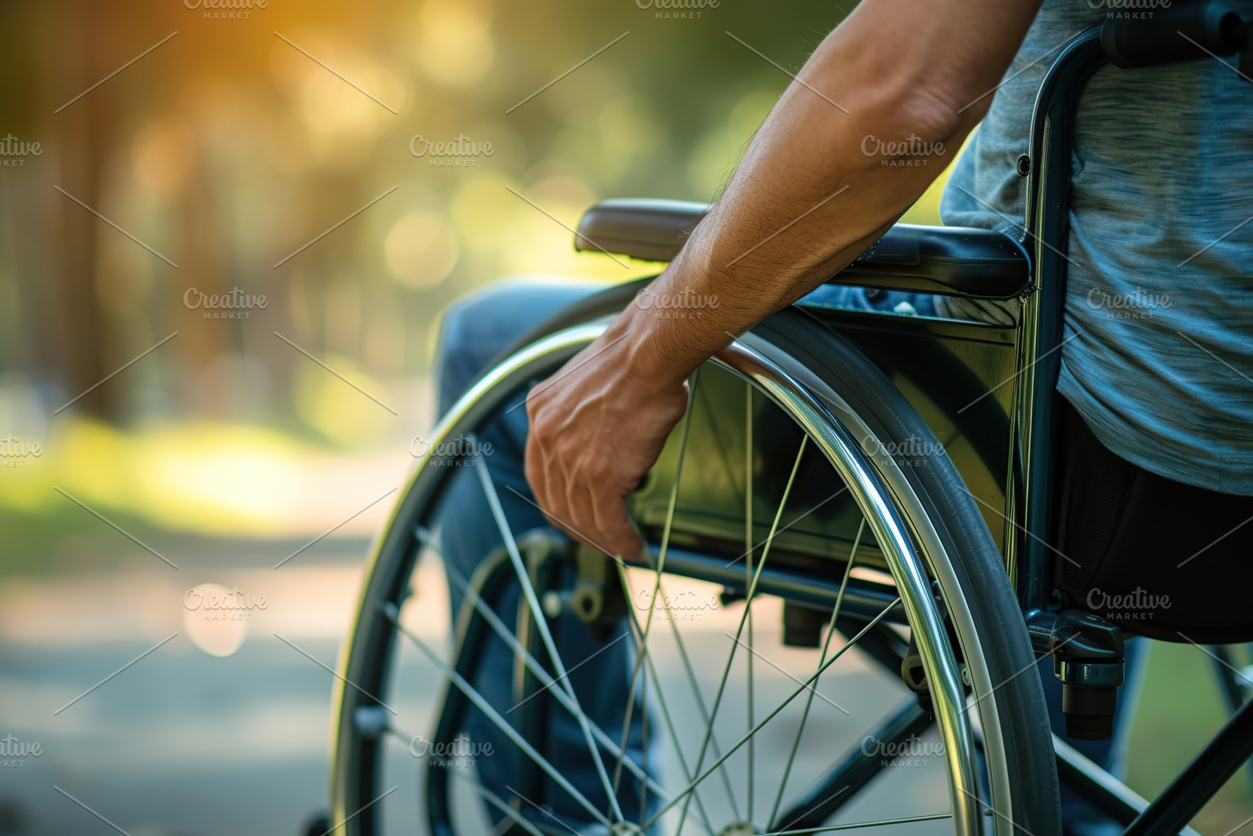 Male hand on wheelchair in the park with sunlights, a Photo by AlyaAnd