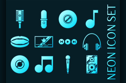 Karaoke set icons. Blue glowing neo
