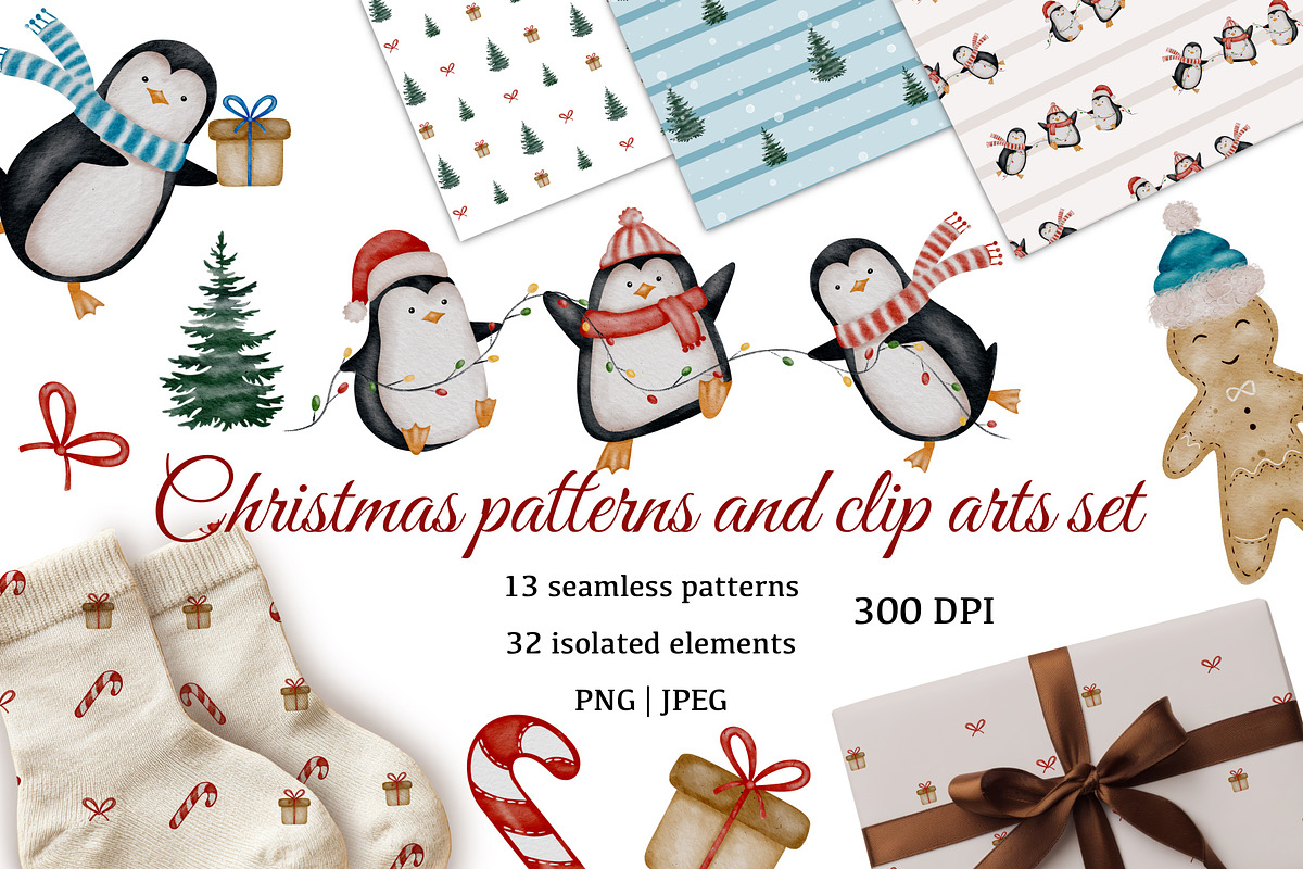 Cute Christmas Penguins Clipart Set, a Seasonal Illustration by ZabolotnaArt (Photo 1 of 6)