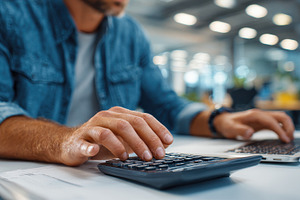 Man using calculator and laptop in o, a Photo by Pixeness Studio
