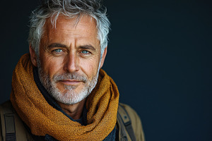 Stylish mature man with gray hair and beard wearing mustard scar, a Person Photo by José Manuel Gelpi