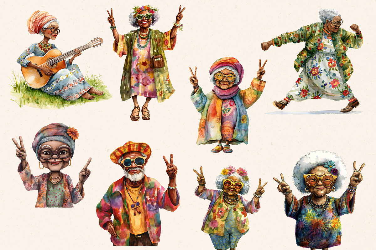 HIPPIE GRANDPARENTS CLIPART PACK, a Person Illustration by Daring Digies (Photo 5 of 9)