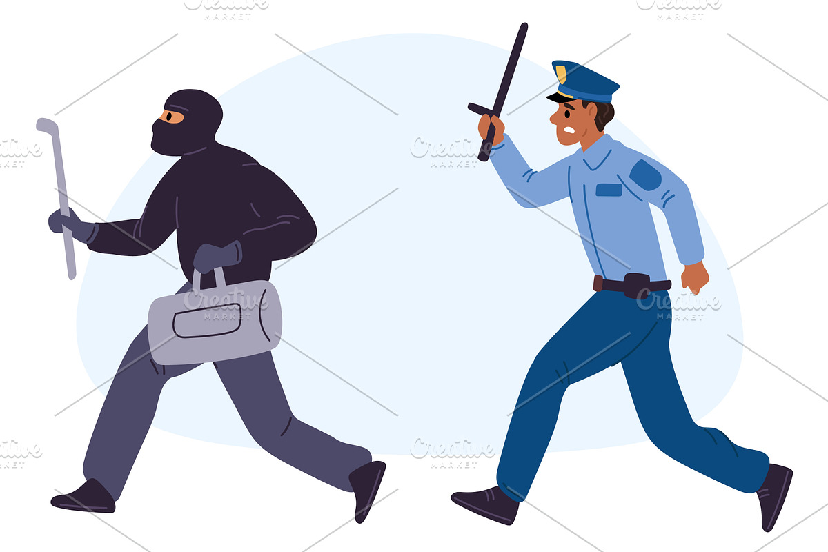 Police officer with baton chases, a Person Illustration by Vectorbuum