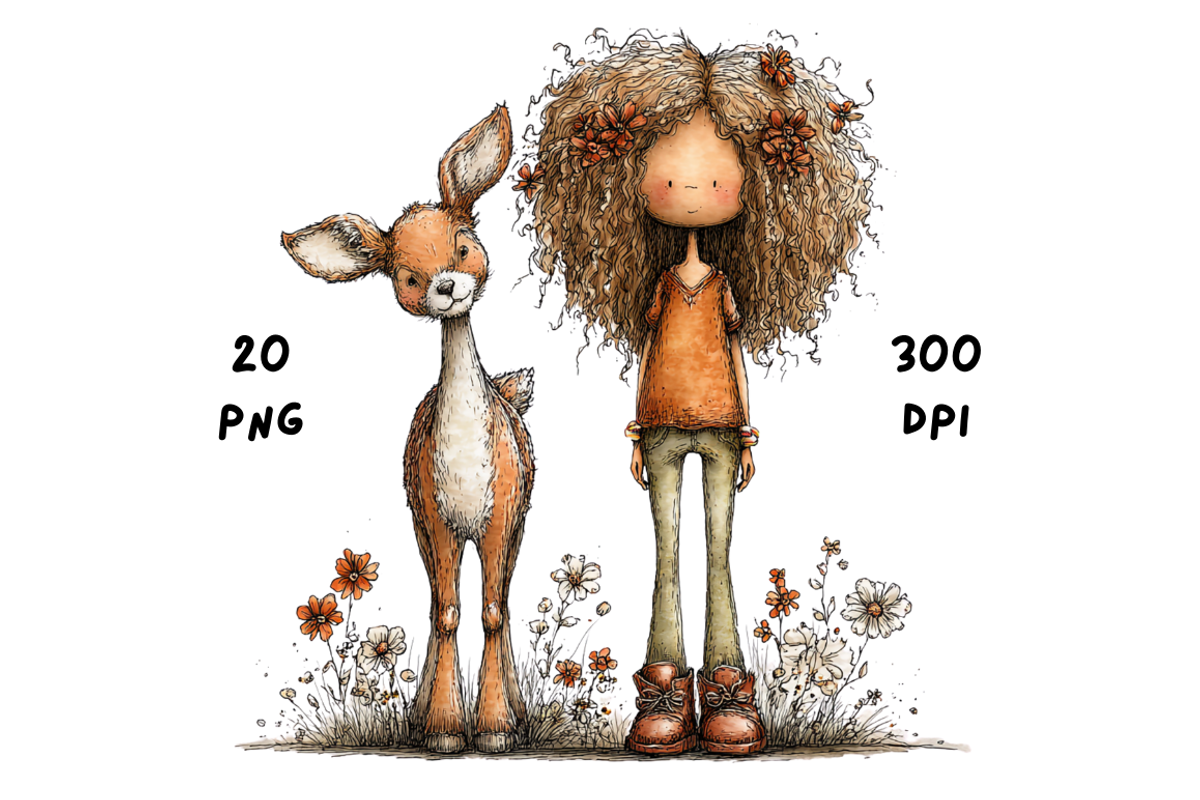 Whimsical Floral Girl & Deer Clipart, an Animal Illustration by GiraffeCreative (Photo 14 of 20)