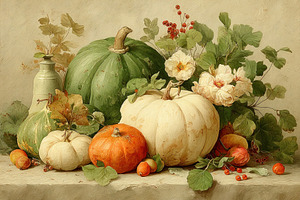 Autumn still life with white green and orange pumpkins flowers l, a Food & Drink Photo by José Manuel Gelpi