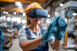 Woman using virtual reality in a factory setting, an Industrial Photo by AlyaAnd