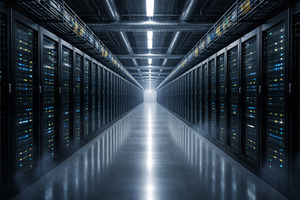 AI data center with glowing servers in a dimly lit room, sleek a, a Photo by Dvoevnore photos