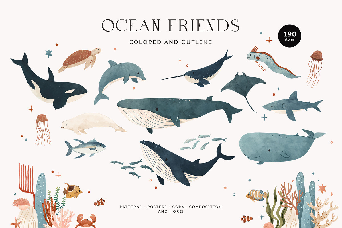 Ocean Animals: colored & outline, a Pattern Graphic by imajineko (Photo 1 of 12)