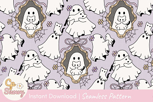 Cute Ghosts & Cats Halloween Seamles, an Illustration by CpSnowy