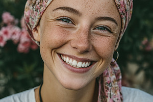 Smiling young woman wearing floral headscarf in blooming garden, a Person Photo by José Manuel Gelpi