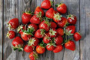 Red strawberries on wooden table, a Food & Drink Photo by AlyaAnd