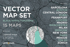 MAP SET - Black/Turquoise - 15 Maps, a Graphic by MetroMaps