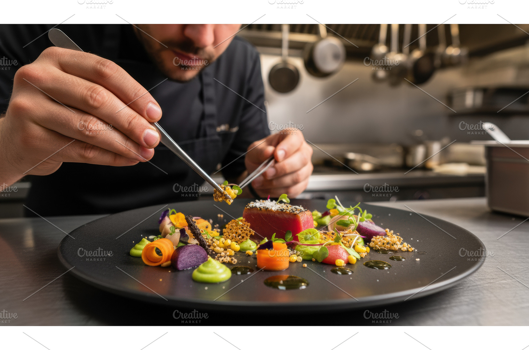 Professional chef carefully plating, a Food & Drink Photo by Igor Tichonow