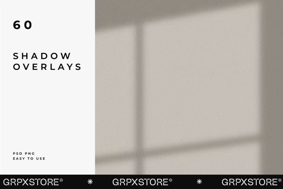 60 Shadow Overlay Pack | PSD + PNG, a Product Mockup by GRPXSTORE (Photo 1 of 17)