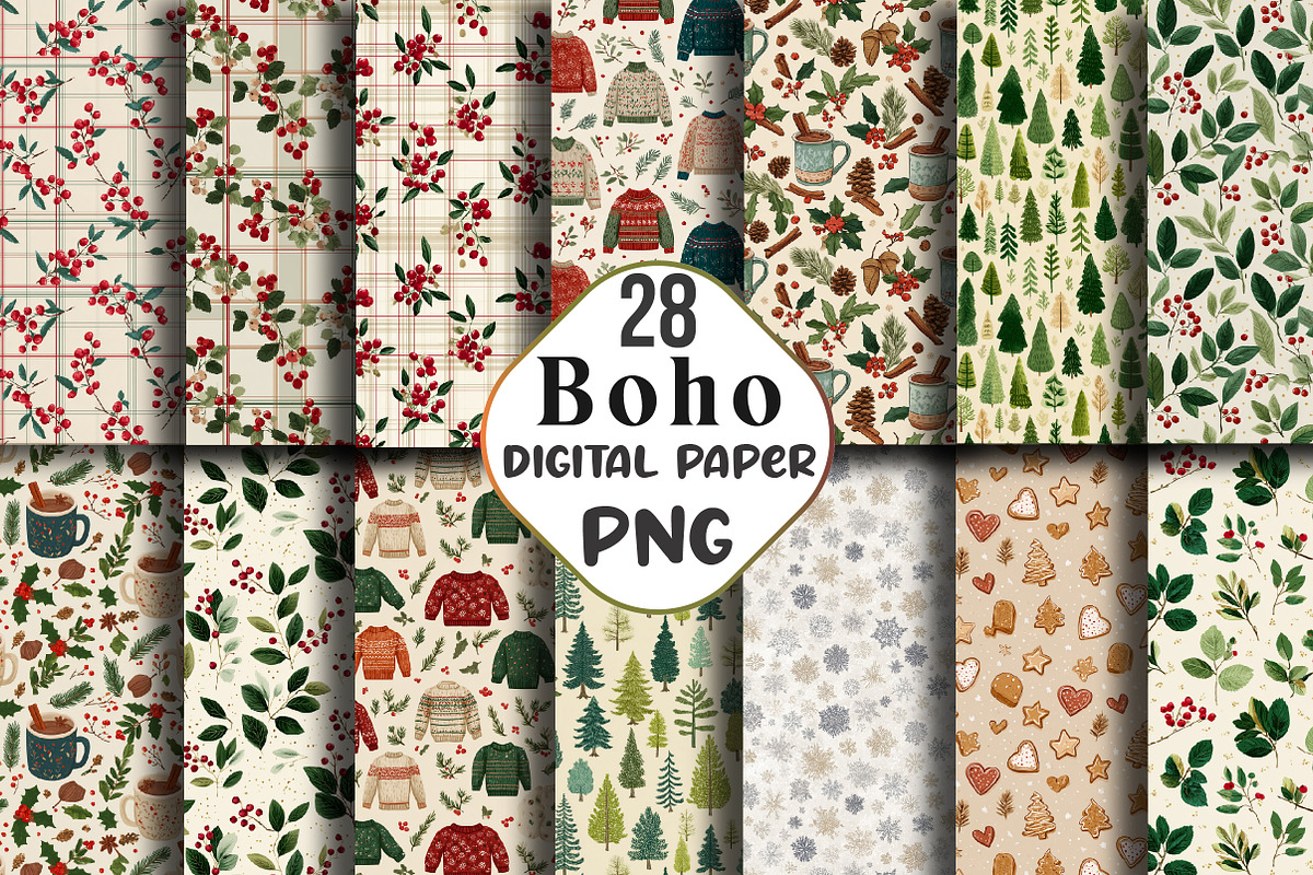 Boho Christmas Seamless Paper Bundle, an Illustration by CraftArtStudio (Photo 1 of 3)