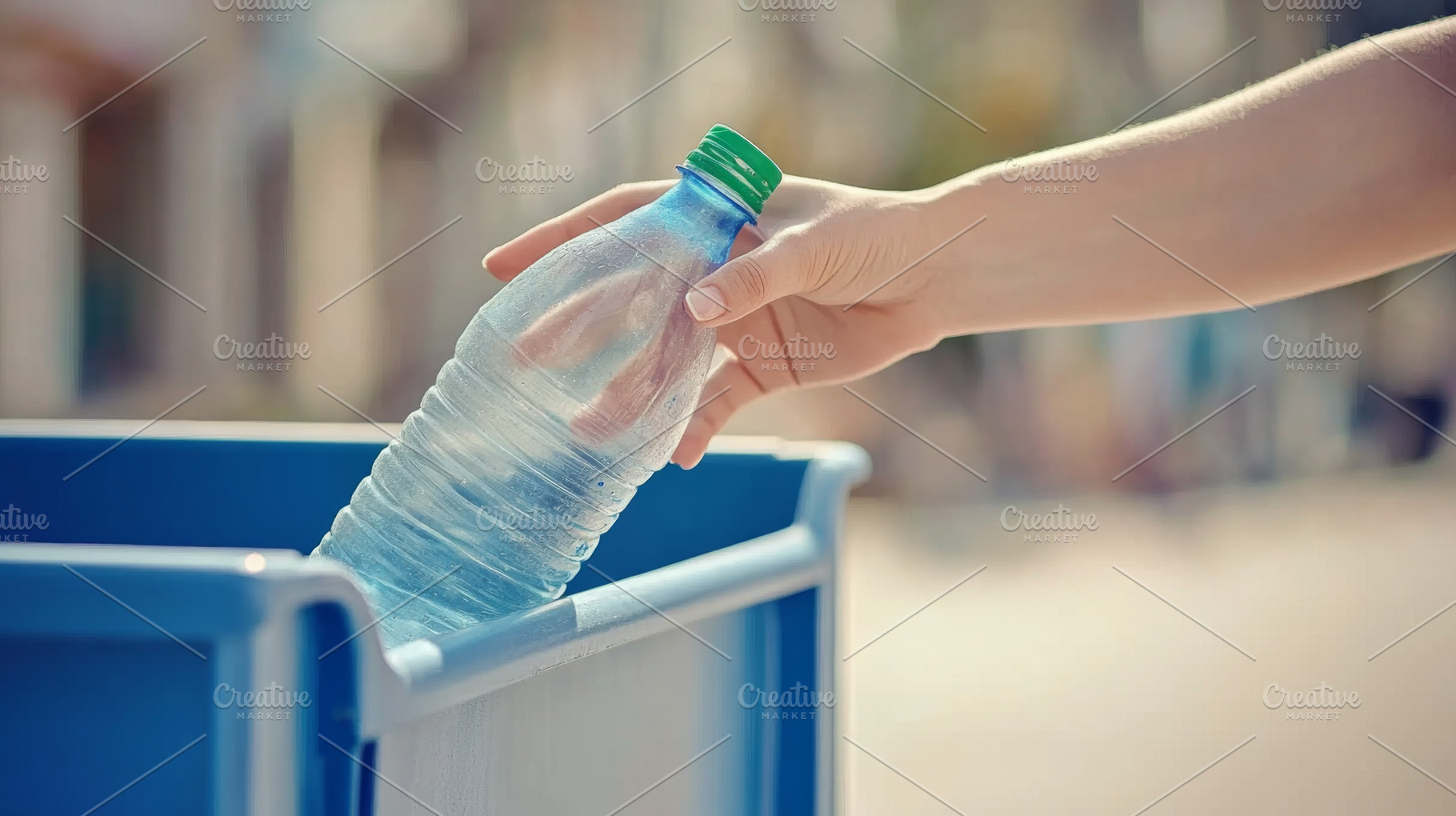 Hand putting Recycling plastic bottle in blue bin, eco-friendly, a Photo by Dvoevnore photos