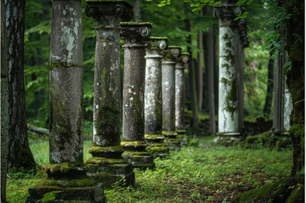 Ancient columns in a mossy forest, an Architecture Photo by Ylivdesign