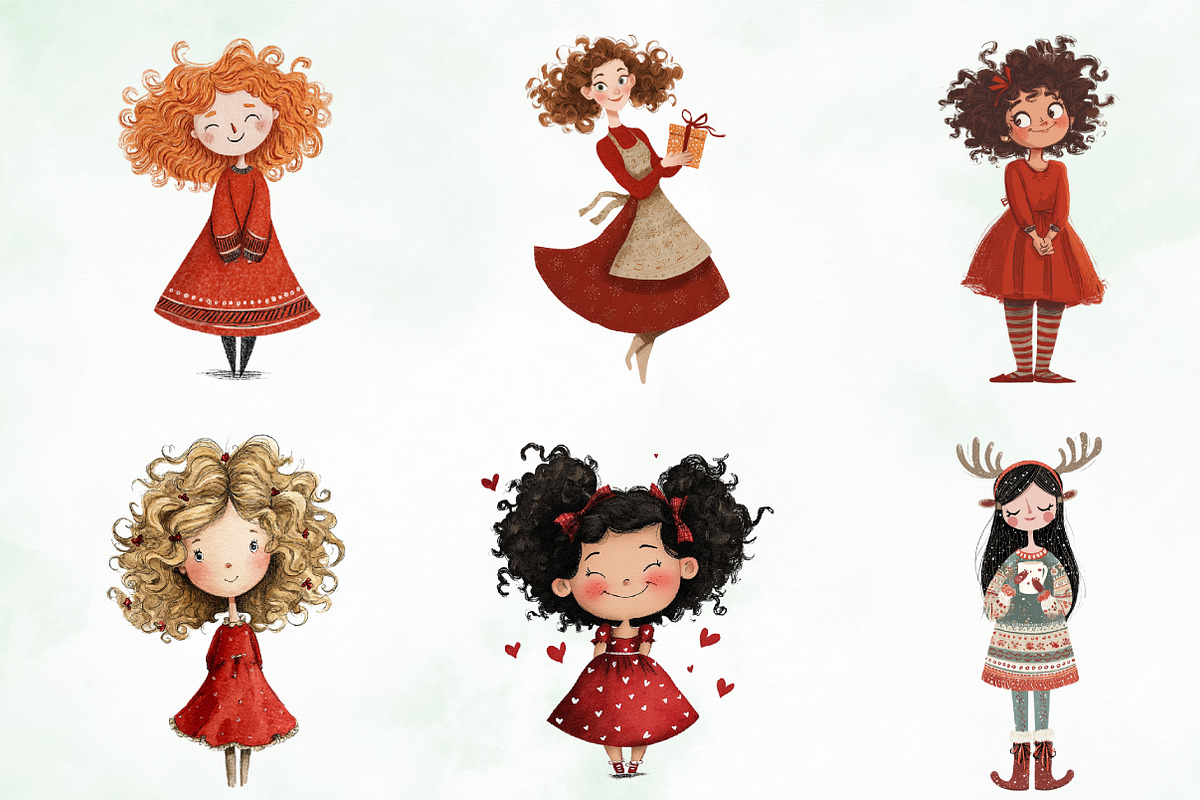 Quirky Funny Christmas Girls Clipart, an Illustration by Creative Art (Photo 3 of 13)