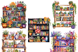 Watercolor Bookshelf Clipart Bundle