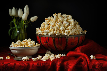 Popcorn in a bowl and white tulips o, a Photo by Iftikhar Alam
