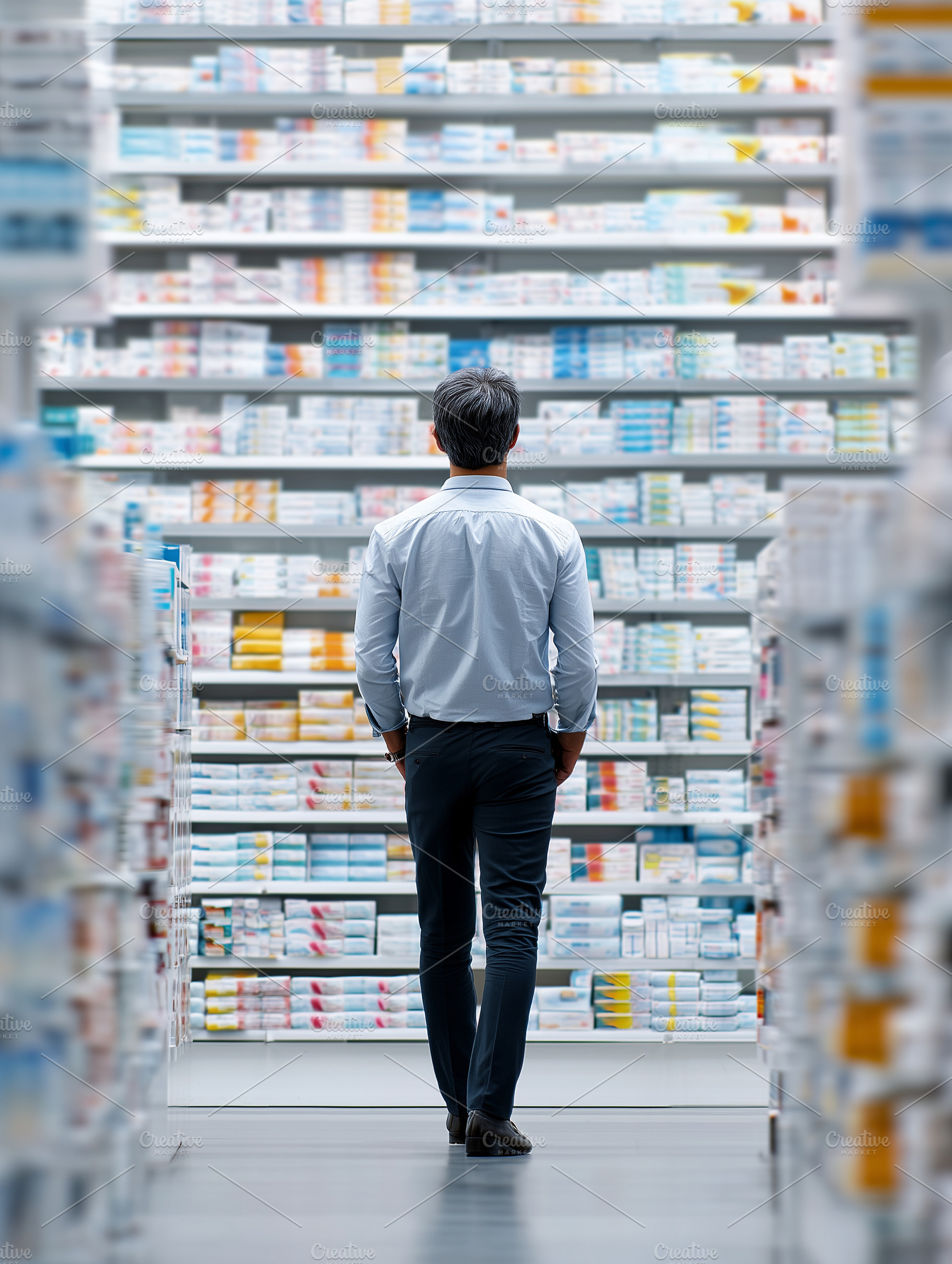 Man standing in a pharmacy aisle, a Health & Medical Photo by MistyDay