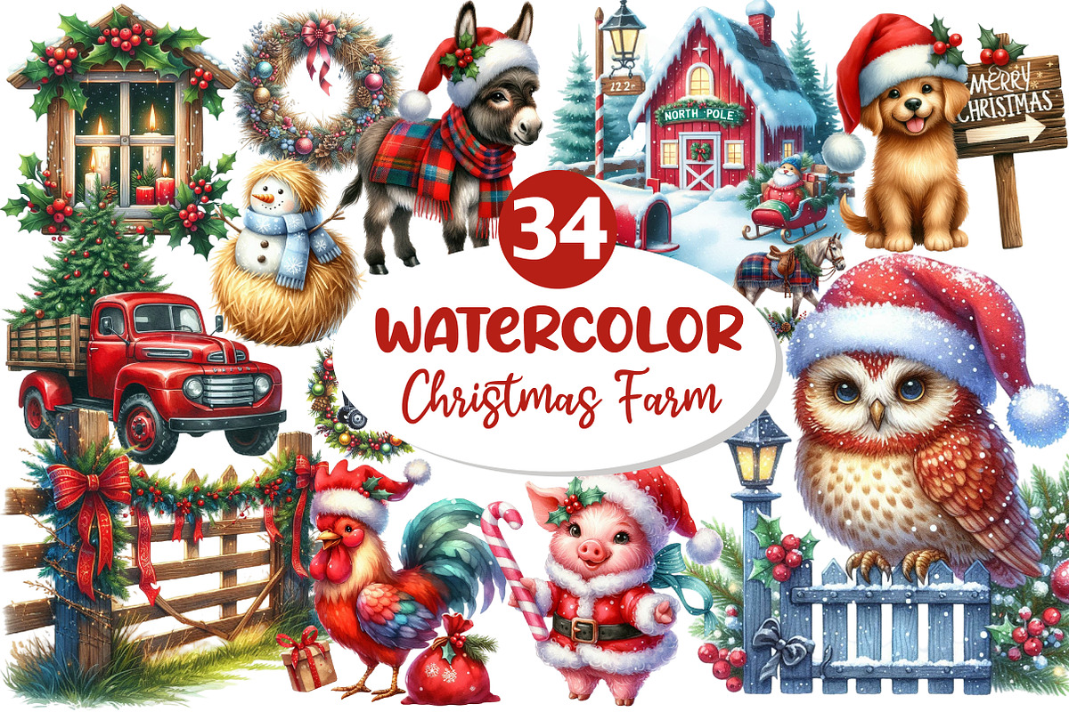 Vintage Christmas Farm Clipart, an Illustration by Dream Creation (Photo 1 of 7)