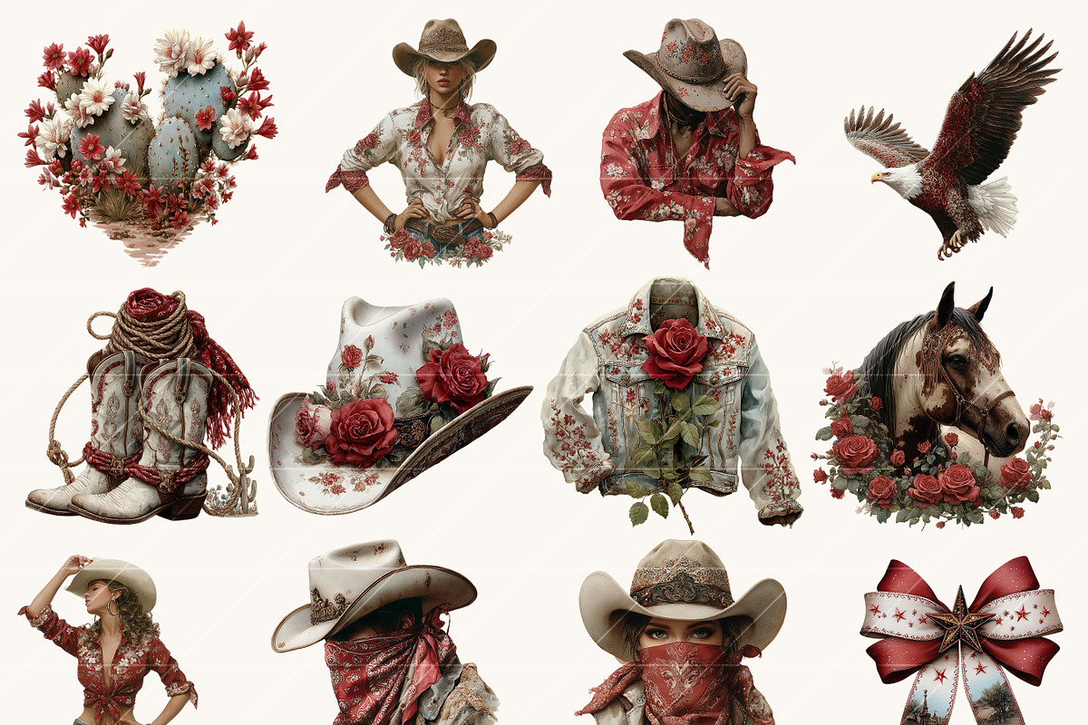 Watercolor Red Rose Western Clipart, a Person Illustration by BusyDaydesign (Photo 5 of 9)