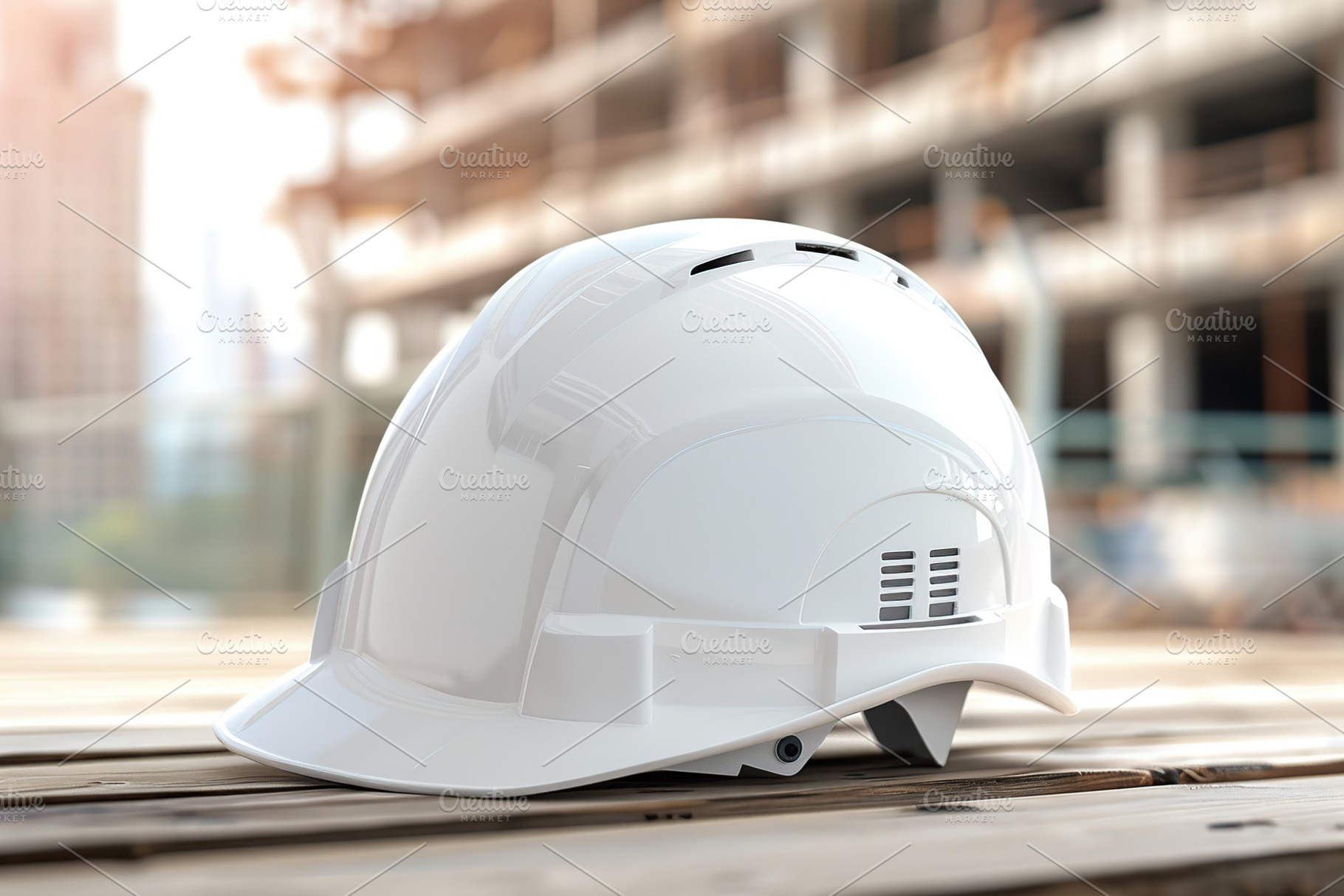 Safety helmet on sunshine and blurred construction background, a Photo by AlyaAnd