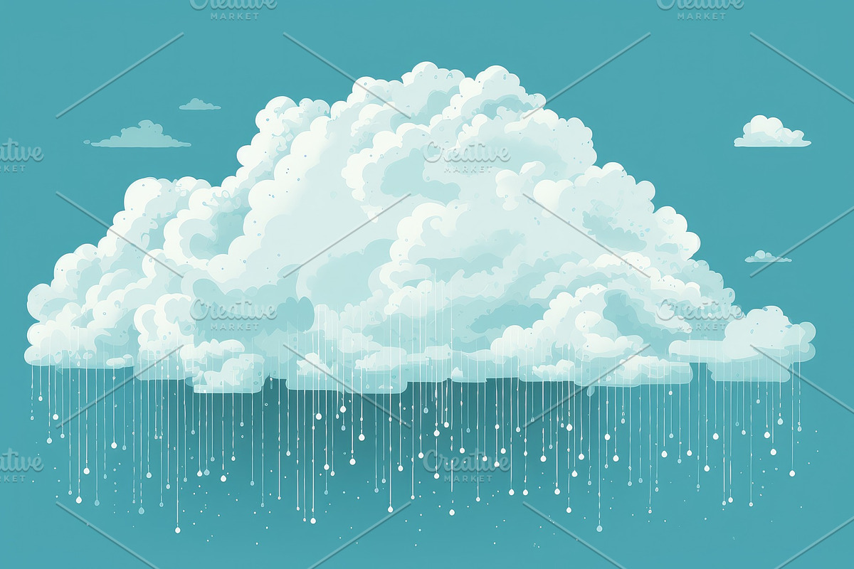 Serene Cascade: Raindrops Falling from a Peaceful Cloud - Genera, a Seasonal Illustration by José Manuel Gelpi